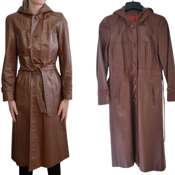 70s Mod AMBE Belted Genuine Leather Trench Coat Hood/Pockets Brown women's XS/SM - Picture 1 of 16